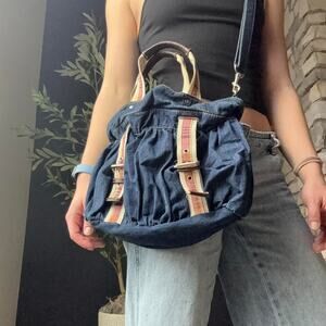 Unique denim bag with striped and plaid strap details